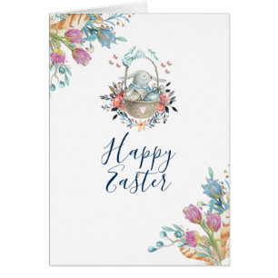 Cute Bunny in mandje en Tulip Florals Happy Pasen