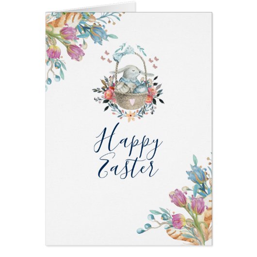 Cute Bunny in mandje en Tulip Florals Happy Pasen (Voorkant)