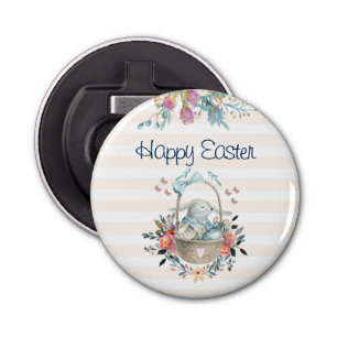 Cute Bunny in mandje en Tulip Florals Happy Pasen Button Flesopener