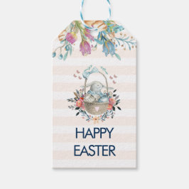 Cute Bunny in mandje en Tulip Florals Happy Pasen Cadeaulabel