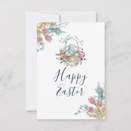 Cute Bunny in mandje en Tulip Florals Happy Pasen Kaart