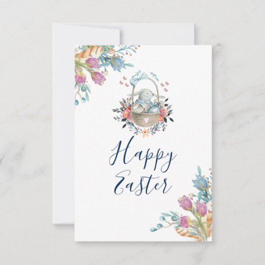 Cute Bunny in mandje en Tulip Florals Happy Pasen Kaart (Voorkant)