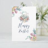 Cute Bunny in mandje en Tulip Florals Happy Pasen Kaart (Staand voorkant)