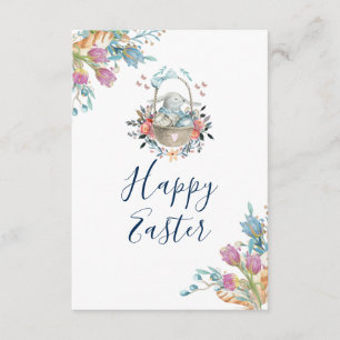 Cute Bunny in mandje en Tulip Florals Happy Pasen Kaart