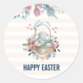 Cute Bunny in mandje en Tulip Florals Happy Pasen Ronde Sticker