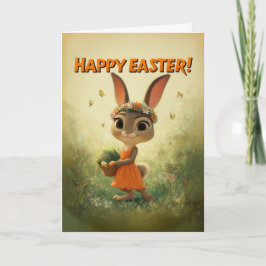 Cute Bunny in Orange Dress with Easter Basket Kaart