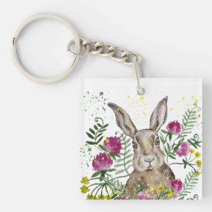 Cute bunny in waterverf bloemen met accent kussen sleutelhanger