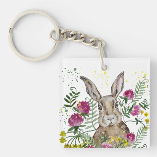 Cute bunny in waterverf bloemen met accent kussen sleutelhanger (voorkant)