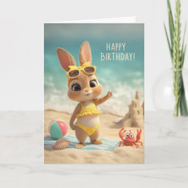 Cute Bunny in Yellow Swimsuit Beach Birthday Kaart
