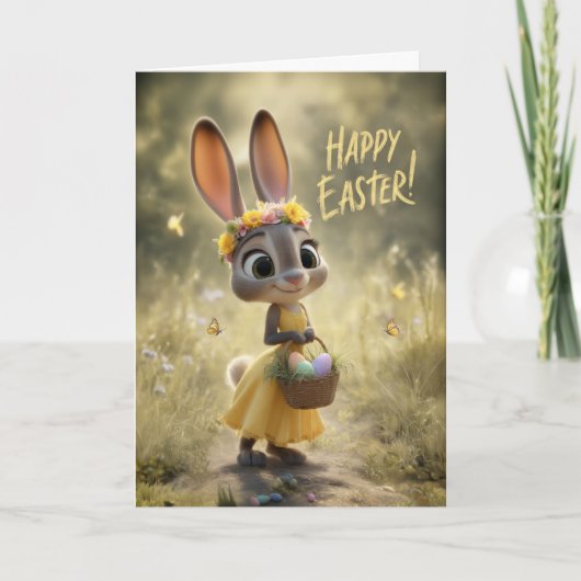 Cute Bunny in Yellow w/ Happy Easter Basket Kaart (Voorkant)