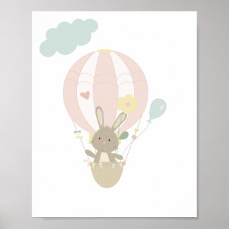Cute Bunny InPink Hot Air Ballon Nursery Poster