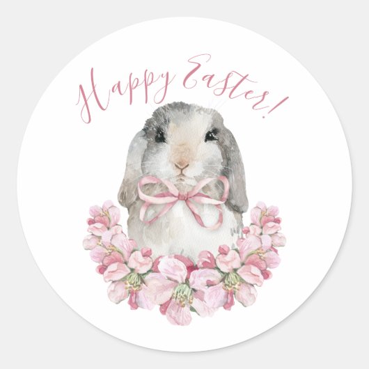 Cute Bunny Konijn Roze Bloem Happy Pasen Script  Ronde Sticker (Voorkant)
