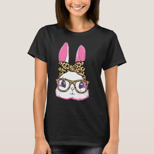 Cute Bunny Leopard Messy Bun Glasses Headband Happ T-shirt (Voorkant)