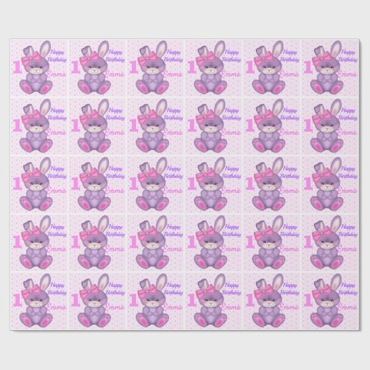 Cute Bunny Little Girls Pink & Lavender Name Age Cadeaupapier (Vlak)