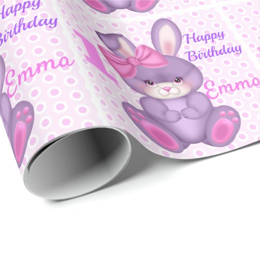 Cute Bunny Little Girls Pink & Lavender Name Age Cadeaupapier (Rol Hoek)