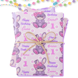 Cute Bunny Little Girls Pink & Lavender Name Age Inpakpapier Vel