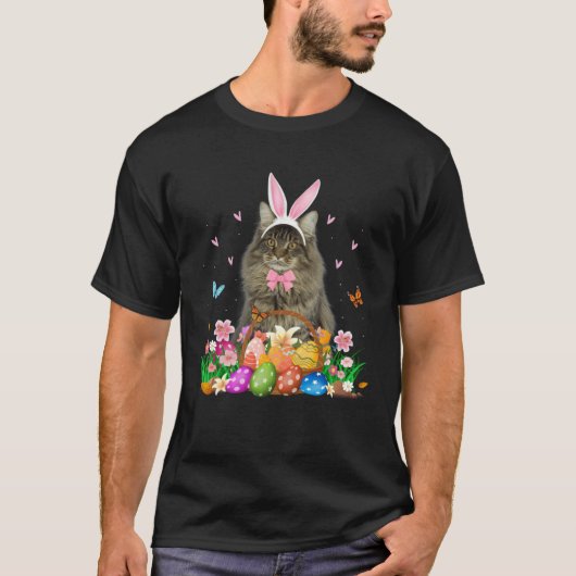 Cute Bunny Maine Coon Cat With Easter Egg Basket E T-shirt (Voorkant)