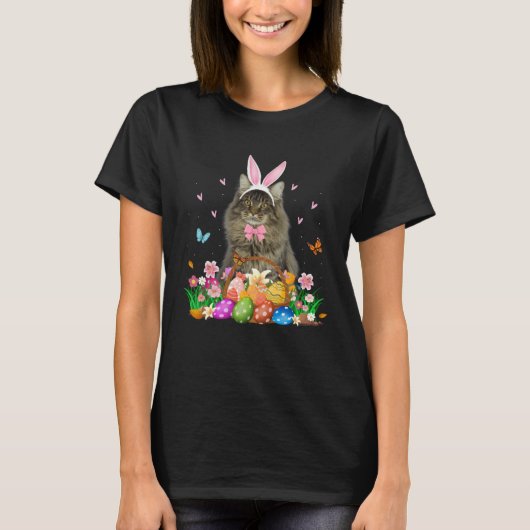 Cute Bunny Maine Coon Cat With Easter Egg Basket E T-shirt (Voorkant)