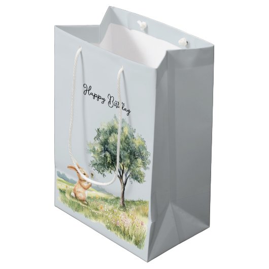 Cute Bunny Meadow with Tree Birthday Medium Cadeauzakje (Voorkant Gekanteld)