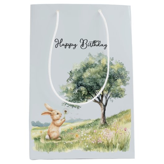 Cute Bunny Meadow with Tree Birthday Medium Cadeauzakje (Voorkant)