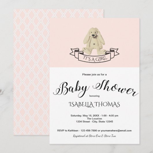 Cute Bunny Pink Baby shower Invitation Kaart (Voorkant / Achterkant)