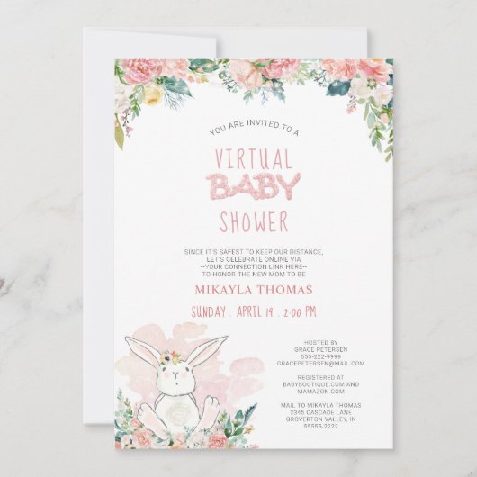 Cute Bunny Pink Floral Fairy Lights Baby shower (Voorkant)