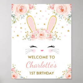 Cute Bunny Pink Gold Floral Easter Rabbit Welkom Poster