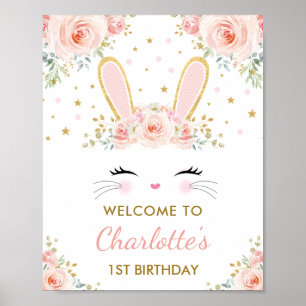 Cute Bunny Pink Gold Floral Easter Rabbit Welkom Poster