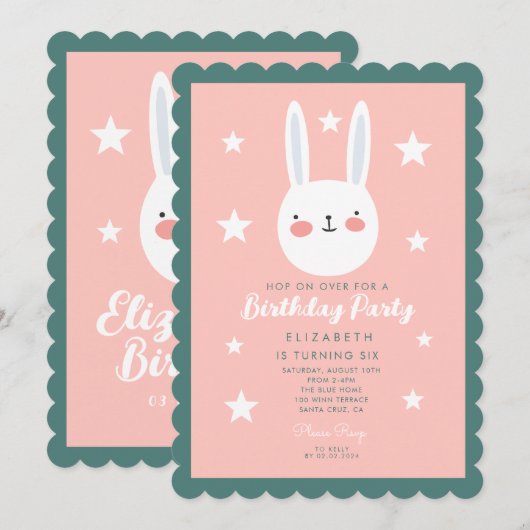 Cute Bunny Pink Green Paarse Stars Birthday Kaart (Voorkant / Achterkant)