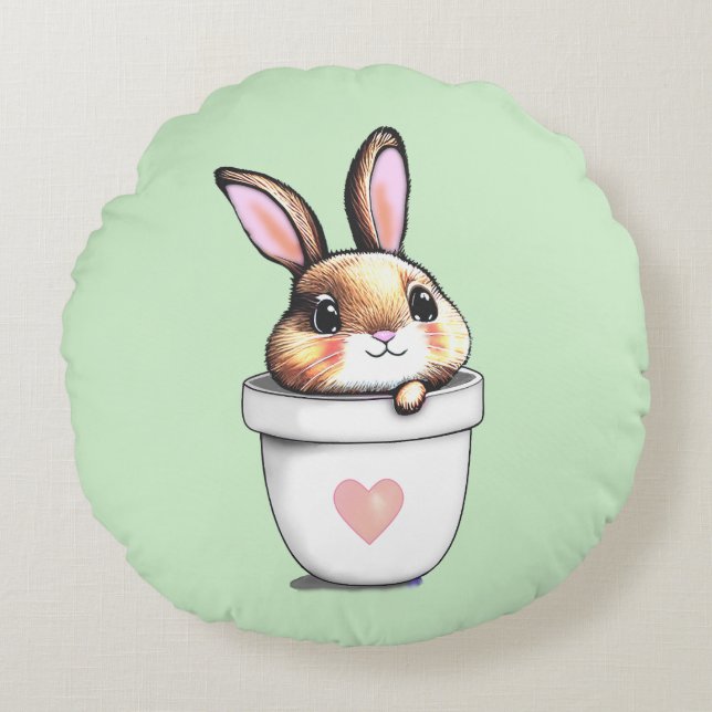 Cute Bunny Plant Pot on Light Lime Green Rond Kussen (Voorkant)