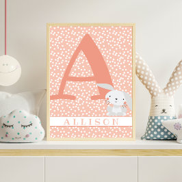 Cute Bunny & Polkadots Personalized Girl Nursery Poster