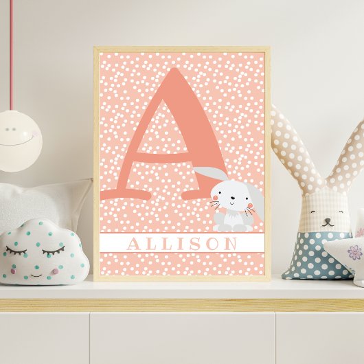 Cute Bunny & Polkadots Personalized Girl Nursery Poster