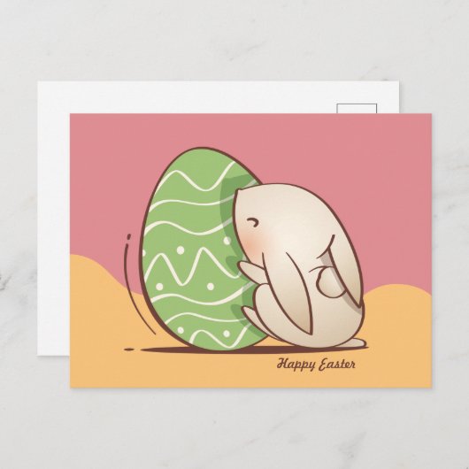 Cute Bunny push Green Easter Egg Briefkaart (Voorkant / Achterkant)