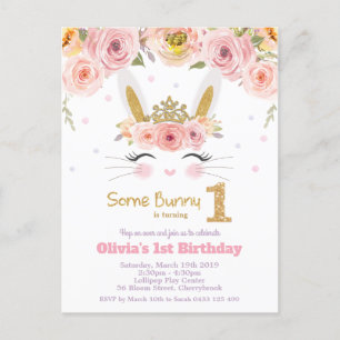Cute Bunny Rabbit 1st Birthday Pink Floral Uitnodiging Briefkaart