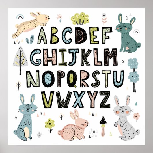 Cute Bunny Rabbit ABC Alphabet Letters Education Poster (Voorkant)