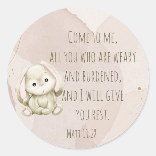 Cute Bunny Rabbit Animal Scripture Matt 11:28 Ronde Sticker (Voorkant)