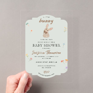 Cute Bunny Rabbit Baby Shower Bloemstuk Groen Acryl Uitnodigingen
