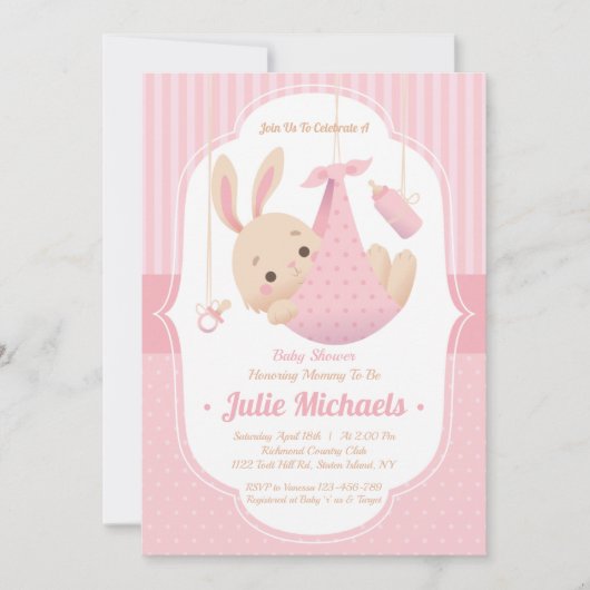 Cute Bunny Rabbit Baby shower Girl Invitation Kaart (Voorkant)