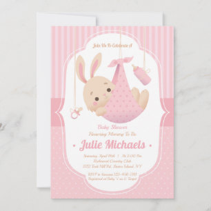 Cute Bunny Rabbit Baby shower Girl Invitation Kaart