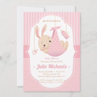 Cute Bunny Rabbit Baby shower Girl Invitation Kaart