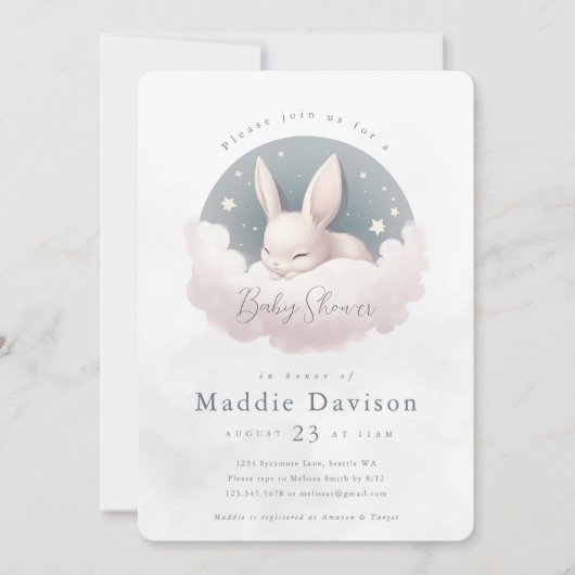 Cute Bunny Rabbit Baby shower Invitation Kaart (Voorkant)