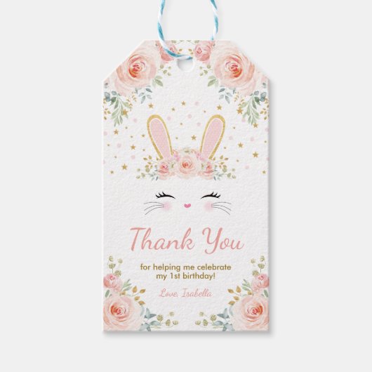 Cute Bunny Rabbit Birthday Blush Gold Floral Party Cadeaulabel (Voorkant)