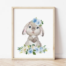 Cute Bunny, Rabbit, Blue Flowers, Boy Nursery