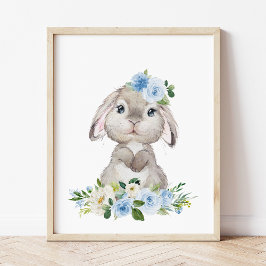 Cute Bunny, Rabbit, Blue Flowers, Boy Nursery Foto Afdruk
