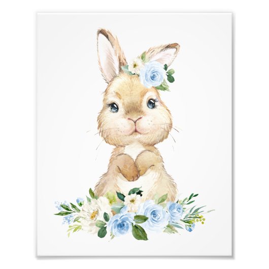 Cute Bunny, Rabbit, Blue Flowers, Boy Nursery Foto Afdruk (Voorkant)