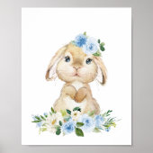 Cute Bunny, Rabbit, Blue Flowers, Boy Nursery Poster (Voorkant)