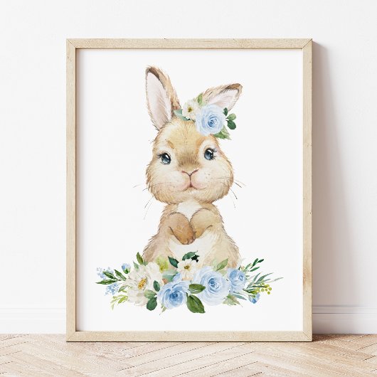 Cute Bunny, Rabbit, Blue Flowers, Boy Nursery Poster