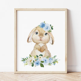 Cute Bunny, Rabbit, Blue Flowers, Boy Nursery Poster