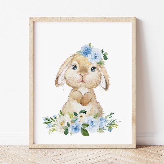 Cute Bunny, Rabbit, Blue Flowers, Boy Nursery Poster