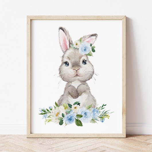Cute Bunny, Rabbit, Blue Flowers, Boy Nursery Poster